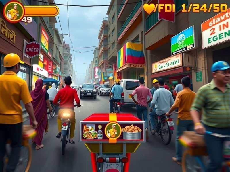 Tiffin Delivery Rush Game Interface showing Mumbai dabbawala delivery gameplay in a crowded Mumbai street setting